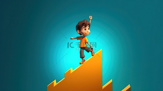 卡通男生背景图片_成功概念儿童在向上箭头附近跳跃，并附有 3D 卡通风格的复制空间插图