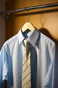 衬衫礼服背景图片_白色和灰色礼服衬衫，柜子里有蓝色领带