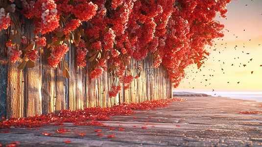 3d 渲染日落海滩场景，红花落在桉树树皮墙上