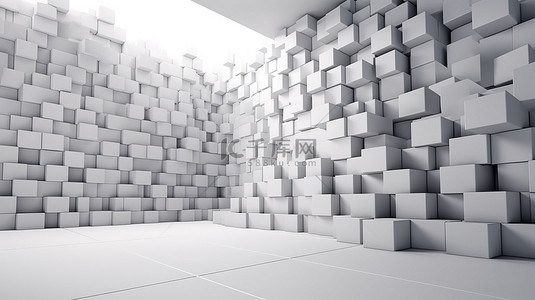 白色空间背景与 3d 渲染的灰色立方体砖堆