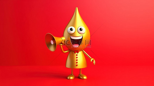 黄色背景 3D 渲染上的红色复古扩音器和金色奖金硬币忠诚计划吉祥物