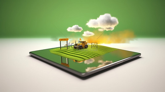 农场农场背景图片_浮动平板电脑屏幕显示拖拉机在有云和麦田的农田上的 3D 插图