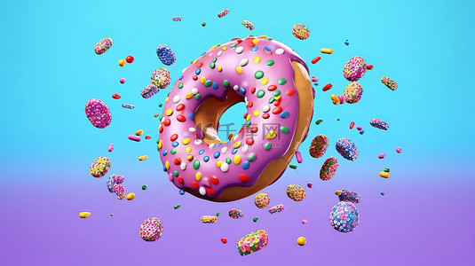 甜甜圈甜甜圈背景图片_在彩色背景下飞行的孤立甜甜圈的 3D 渲染
