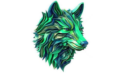 令人惊叹的 3D 艺术品描绘了白色背景上彩色风格化的绿狼头