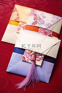 红色和蓝色的信封，里面有蝴蝶结的薄纸