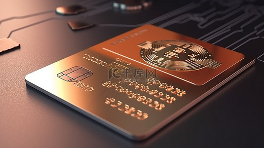 银行卡和比特币的融合通过 3D 渲染阐释了加密货币交易的概念