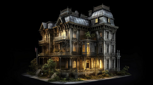 别墅背景背景图片_维多利亚风格的插图老房子令人惊叹的 3D 渲染展示了黑色背景下的不同侧面