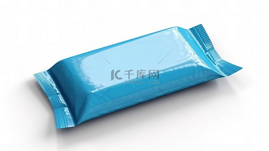 小盒子样机背景图片_由蓝色空白包装纸制成的白色背景湿巾袋的 3D 渲染