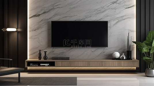 可视化室内设计 3D 渲染和现代客厅的插图，配有现代奢华风格的电视架