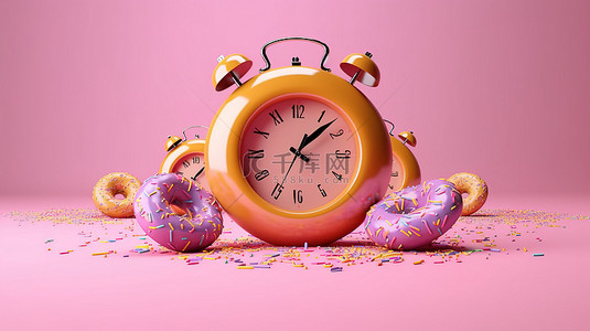 美食甜甜圈背景图片_时钟甜甜圈 3D 渲染的甜甜圈排列为粉红色背景上的计时器