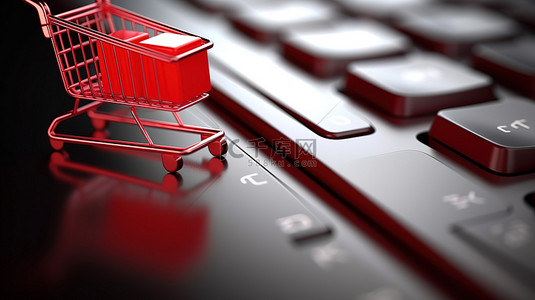 网购电脑背景图片_数字购物变得简单 键盘上的 3D 渲染购物车