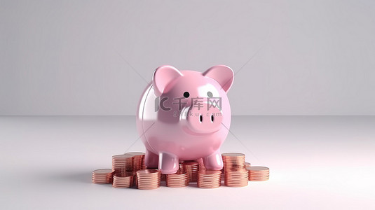 金融储蓄背景图片_白色背景中一叠美元硬币和粉色存钱罐的金融储蓄概念 3d 渲染
