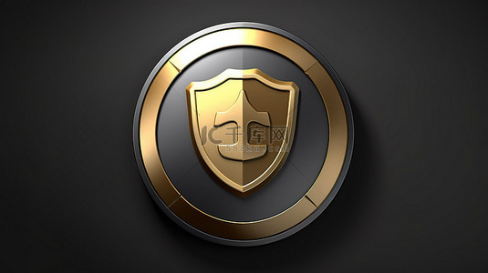 金色网页设计背景图片_闪闪发光的盾牌符号 3D 渲染圆形按钮，带有金色色调 ui ux 设计元素
