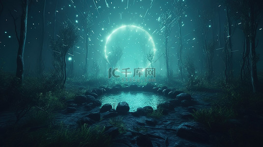 森林月亮背景图片_神秘的森林充满发光粒子和 3D 圆形渲染