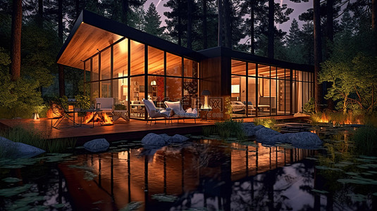 森林环境中木屋的夜间照明与室外休息区 3D 渲染