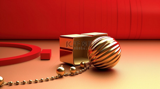 红色礼品盒推出金色圣诞球，在 3D 渲染中提供充足的复制空间