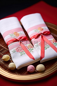 中国红布背景图片_两只红白条纹中国传统丝袜