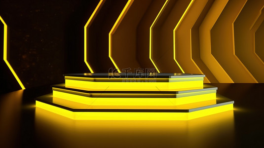黄色产品背景图片_带有 3D 霓虹黄色产品展示的抽象蜂窝几何模板讲台