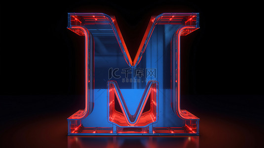蓝色背景中发光的 3d 红色霓虹灯字母 m