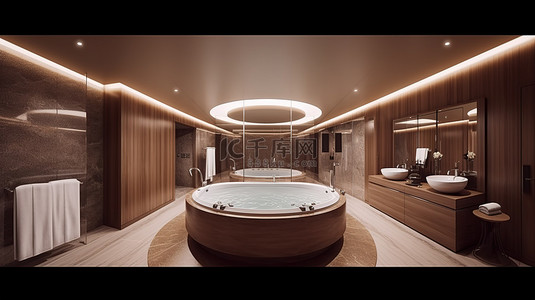全民健康生活方式日背景图片_带浴缸的豪华酒店套房 3D 渲染放松水疗和按摩健康体验
