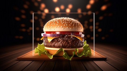 带有方框背景的 3d 汉堡渲染图