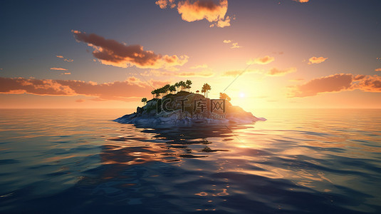 棕榈背景背景图片_海洋中 3d 渲染岛屿上的日落地平线