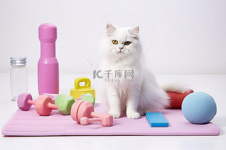 猫跪在各种重物和其他健身器材旁边