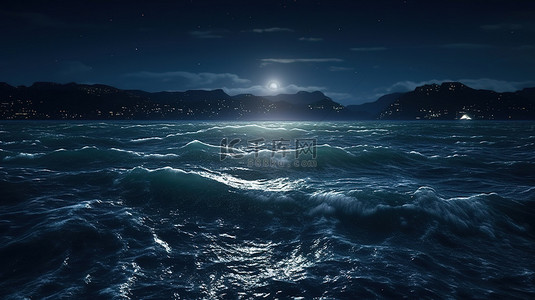 3D 渲染的夜间海洋场景