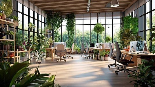 生态友好的开放式办公室，配有植物，创意工作场所的 3D 渲染