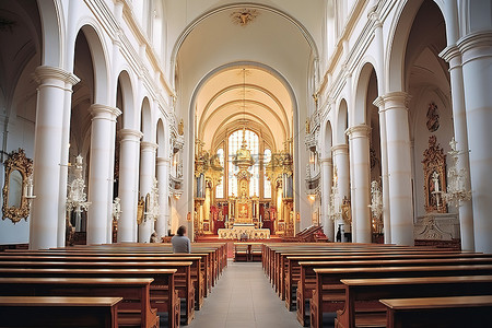德国过期背景图片_一座古老教堂的内部景观，配有长椅和华丽的装饰