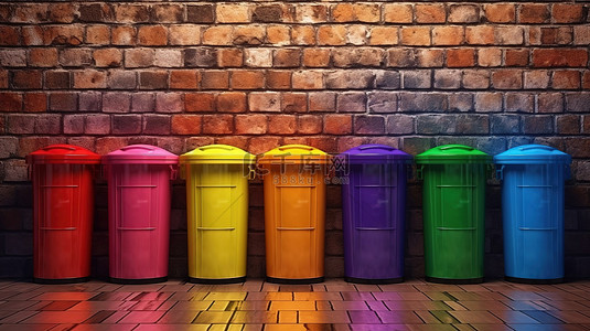 垃圾桶的垃圾背景图片_前景为彩色垃圾桶的砖墙的 3D 渲染