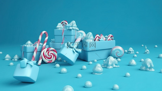 冬季销售背景图片_假日用蓝色背景下的圣诞糖果和礼物呈现冬季促销的丰富节日 3d 渲染