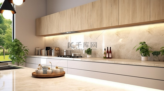 米色花瓶背景图片_设计精美的厨房内部米色后挡板的 3D 渲染
