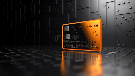 商业金钱背景图片_黑色混凝土背景上橙色信用卡模板的 3D 插图