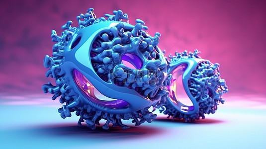 蓝色和紫色色调的三个变形球体的抽象 3D 渲染