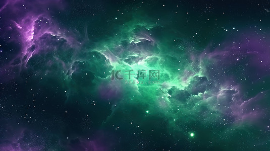 恒星和绿紫色星云的 3D 渲染，用于抽象背景