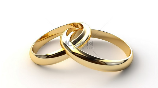 白色背景上两个金戒指的 3d 渲染图，象征着幸福的家庭生活