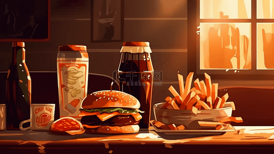 美食插画背景背景图片_汉堡薯条可乐插画背景