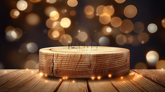 具有乡村魅力的木桌被圣诞节的散景灯照亮