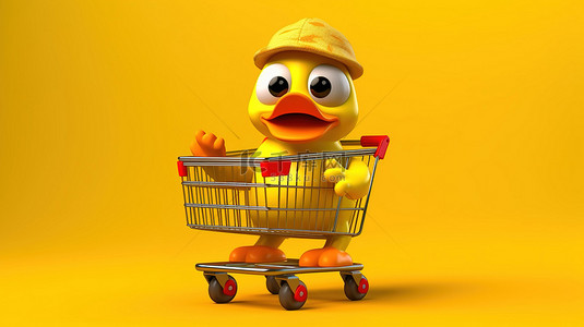 商店卡通背景图片_可爱的黄色卡通鸭吉祥物在亮黄色背景下推着购物车 3D 插图
