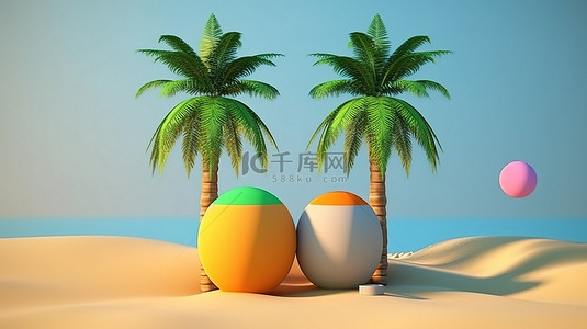 玩具堡背景图片_棕榈镶嵌海滩景观 3D 渲染两个带球和玩具的空圆柱体基座