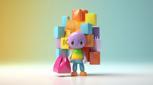 人物时尚背景图片_带袋子的购物卡通人物的 3D 插图