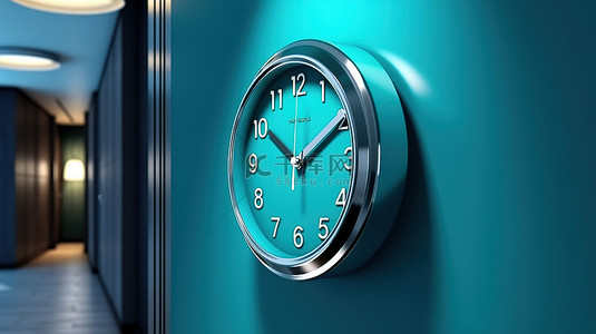 企业公司背景图片_办公室里海蓝色挂钟设置为十一点钟的 3D 插图
