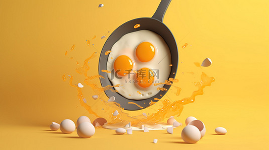 充满活力的黄色背景上煎锅中的铁板 3D 插图煎蛋