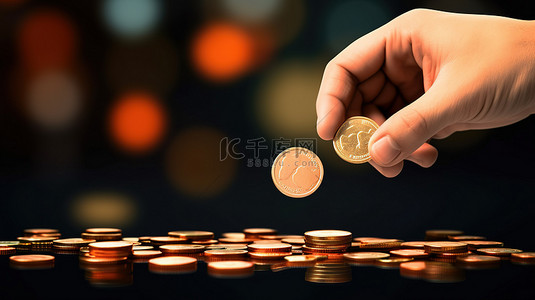 手拿着磁铁吸引钱币并在横幅背景上显示收入增长的卡通插图