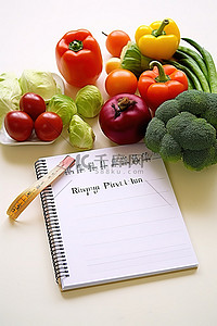 靠近水果和蔬菜的带有饮食计划的回形针