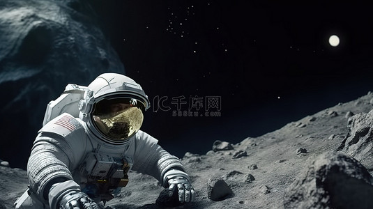 陨石彗星背景图片_宇航员在小行星飞船上发现新地形的 3D 渲染