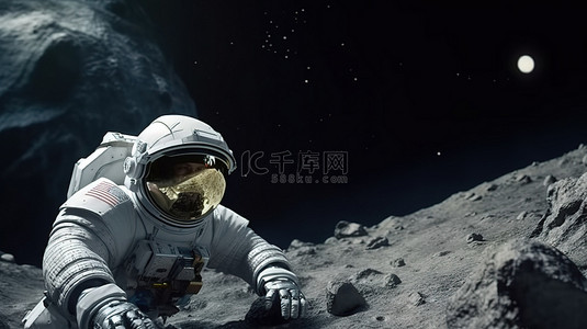 宇航员在小行星飞船上发现新地形的 3D 渲染