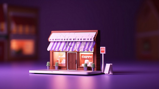 购物商店背景图片_紫色背景开放网上购物商店数字营销推广的 3D 渲染