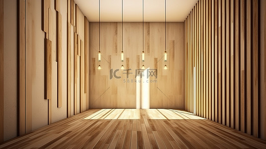 带木墙板且无家具的当代室内走廊的 3D 渲染